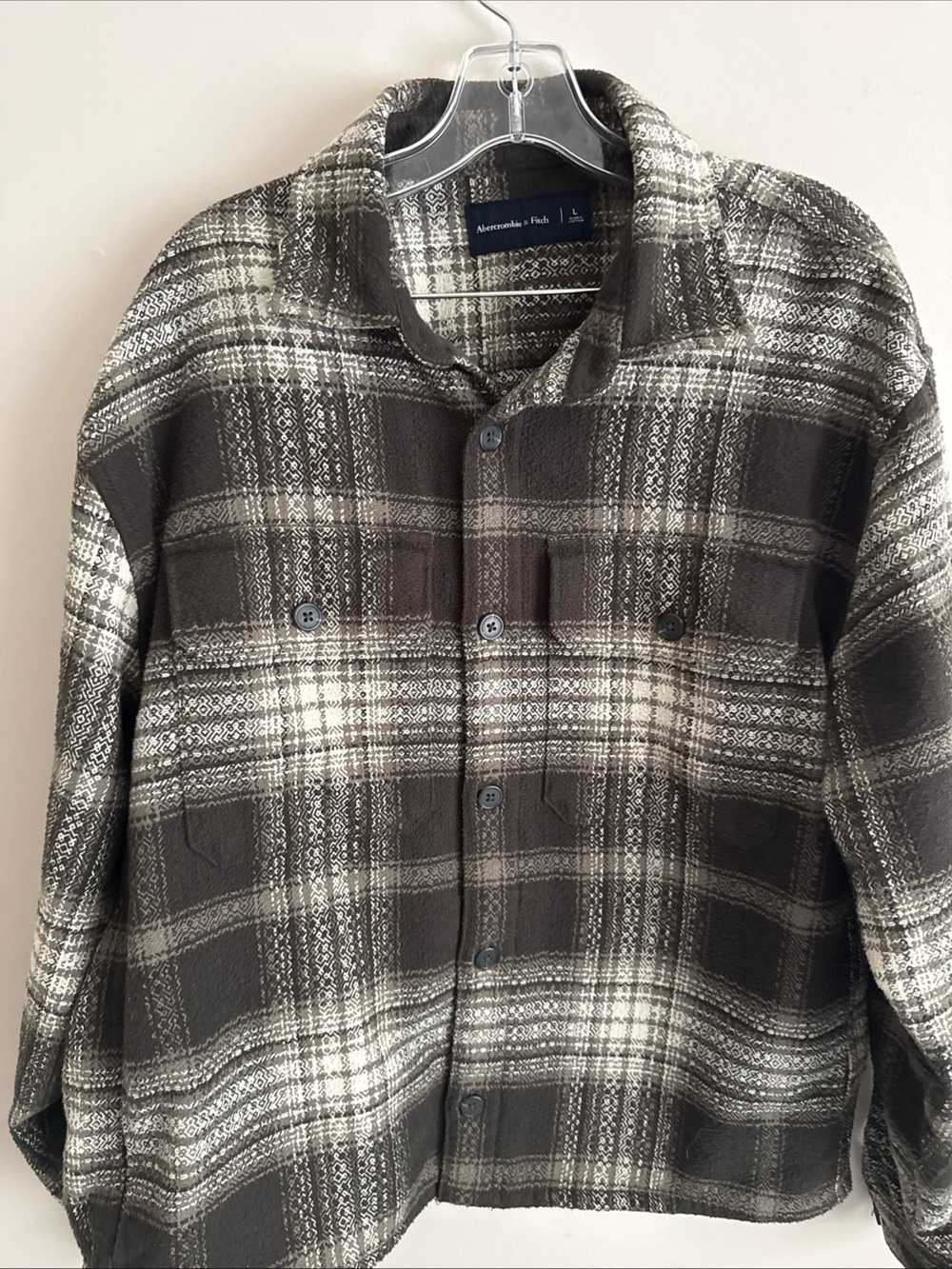 Abercrombie & Fitch Men's Plaid Flannel Shacket Gray Shirt Top EUC Tweed L